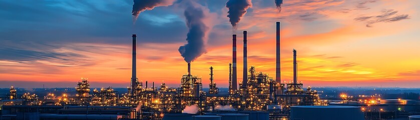 Obraz premium Twilight view of petrochemical plant, tall smokestacks emitting smoke, industrial complex with glowing lights, largescale energy production in a dusky sky