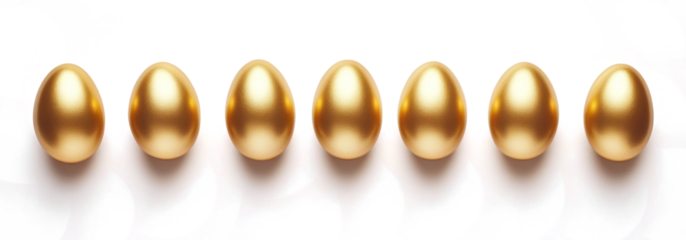  golden decorated eggs stand in a row Minimal easter concept. Happy Easter 