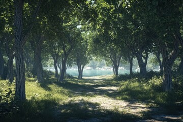 Fototapeta premium Tranquil pathway through a lush forest leading to a serene lake at dawn