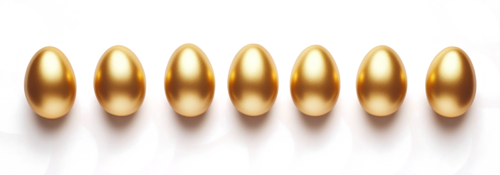  golden decorated eggs stand in a row Minimal easter concept. Happy Easter  - Powered by Adobe