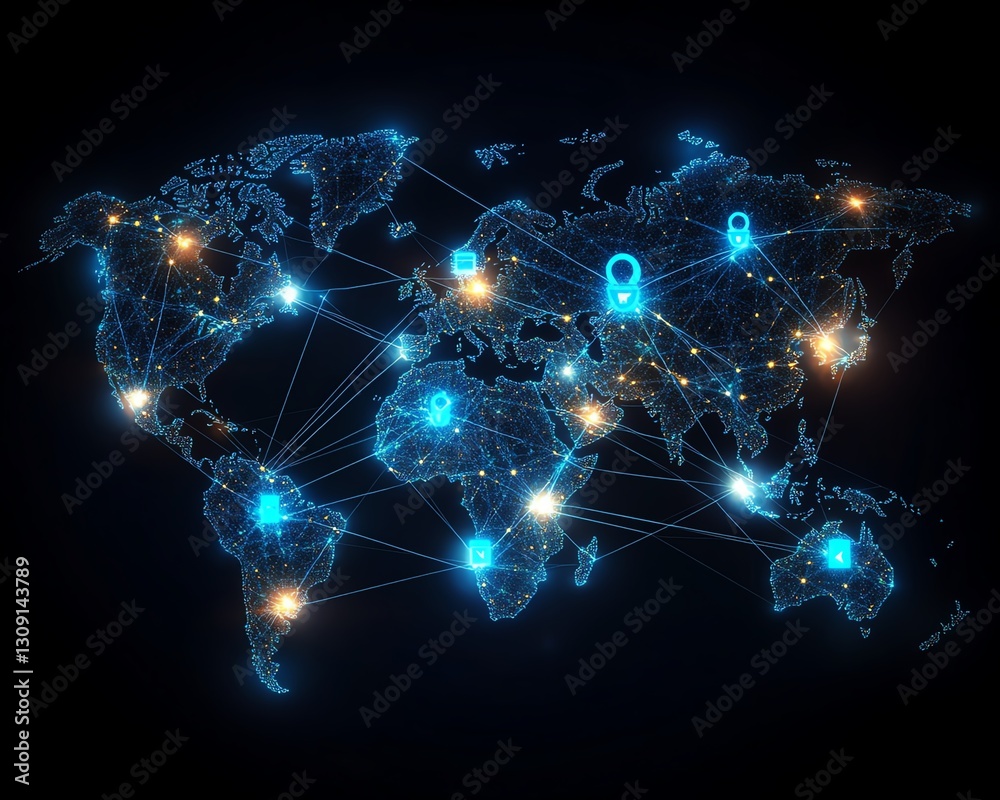 Poster connected world map with floating user icons and glowing digital connections, symbolizing realtime c