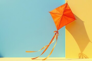 A vibrant orange kite with flowing ribbons against a pastel blue and yellow background, showcasing a playful summer scene of childhood joy and carefree outdoor fun.