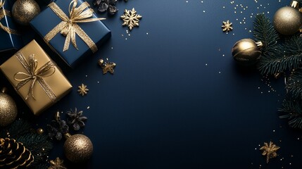 Christmas background with gold and presents. Christmas gift with gold and blue boxes on a blue background. Empty space with baubles laid out on top of a flat. A blue christmas lifestyle backdrop.