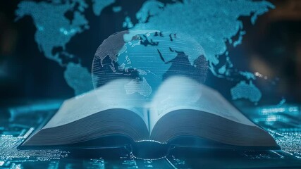 Old world knowledge merging with digital future reality. Open book reveals a glowing world map with circuit connections for global education & connection concept. - Powered by Adobe