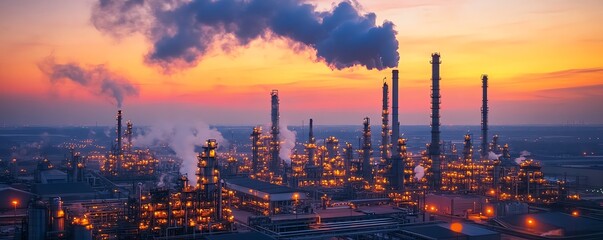 Industrial petrochemical facility at twilight, smokestacks belching dark smoke, large complex of structures lit up as night falls, busy energy production scene