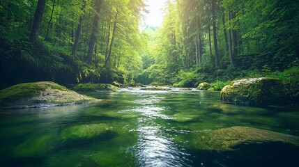 Sunlit River in Lush Green Forest