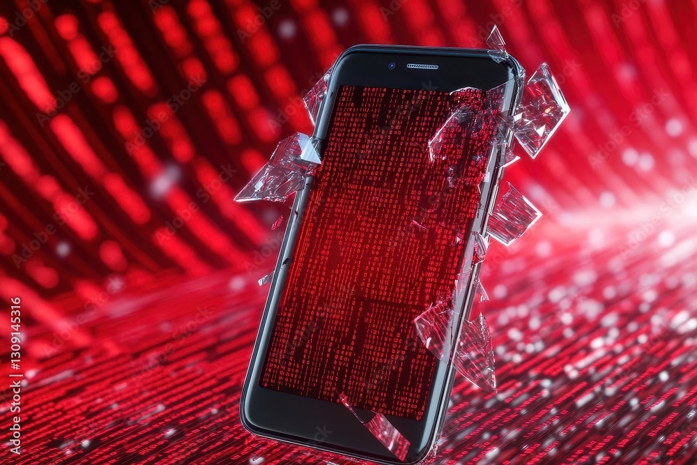 Aufkleber A dynamic, abstract representation of digital chaos, featuring a fragmented smartphone amid a backdrop of red light and binary code