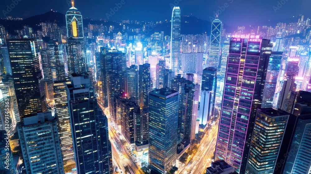 Poster A dynamic aerial view of a bustling city at night with vibrant lights and skyscrapers creating a futuristic urban landscape