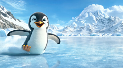 Fototapeta premium Happy penguin sliding on ice in snowy antarctic landscape