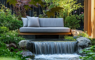 Obraz premium Cozy upholstered bench placed near a small tranquil waterfall