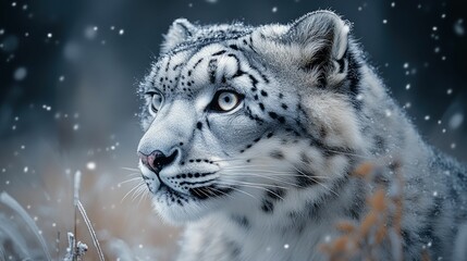 Fototapeta premium Majestic snow leopard winter wonderland gaze
