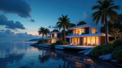 Fototapeta premium Serene Waterfront Villas at Twilight Luxurious Oceanfront Estate with Private Decks and Tranquil Water Views