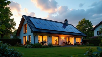 Modern Eco-Friendly Home with Solar Panels at Twilight, Illuminated Interior and Lush Green Lawn