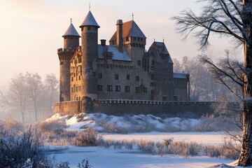 Fototapeta premium Winter morning light enhances the beauty of a medieval castle surrounded by snow