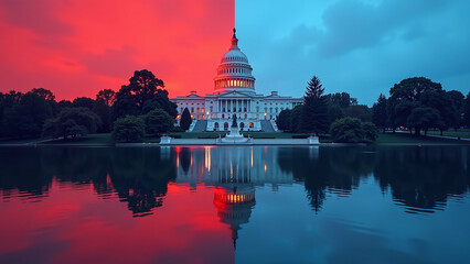 Obraz premium water body reflects capitol red blue hues symbolizing balance contrast