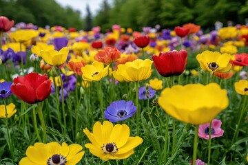 Obraz premium A field of flowers with a variety of colors including yellow, red, and purple The flowers are scattered throughout the image, creating a vibrant and lively scene