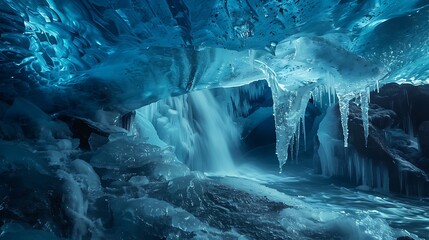 Fototapeta premium A crystal-blue glacier with shimmering ice caves and frozen waterfalls