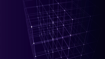 Abstract wireframe cube. Network connection structure. Digital blockchain concept. Futuristic blue background with dots and lines. Vector illustration.