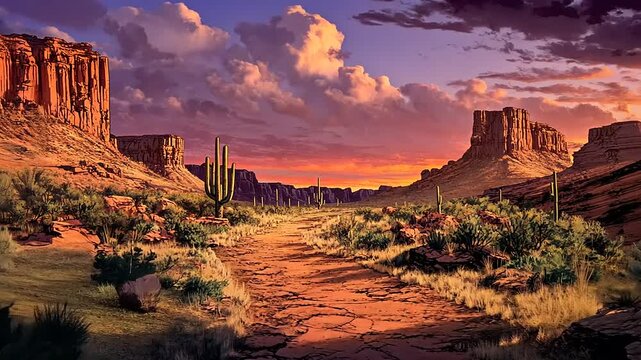 Majestic Desert Sunset: A Vibrant Panorama of Arizona's Canyon Landscape