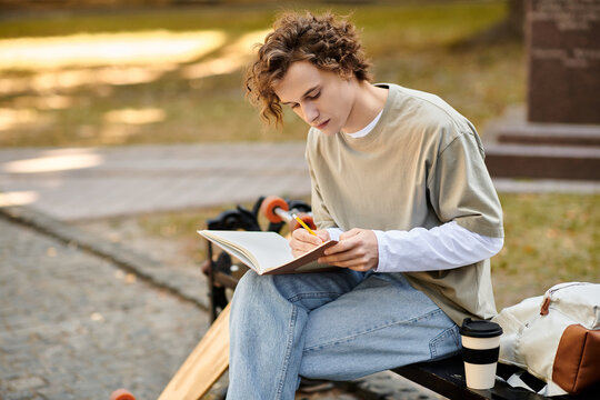 Stylish young man enjoys quiet afternoon studying in a serene outdoor park setting