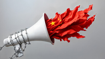 Megafon mit chinesischer Flagge und Stacheldraht – Symbol für Zensur