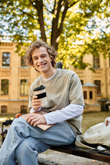 Fototapeta premium Young stylish man enjoys coffee while studying in the serene outdoor setting of his university