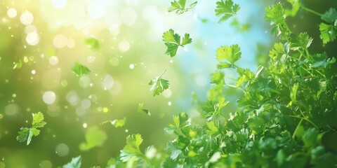 Floating fresh cilantro on a blurred herb garden background
