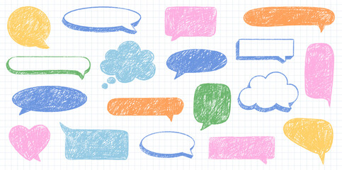 Crayon Speech Bubble Frame. Vector Chalk Talk Balloon. Colorful Dialog Chat Illustrations