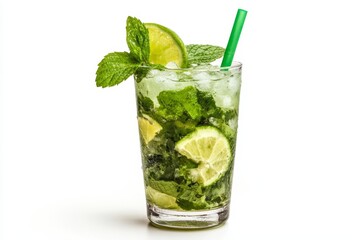 Refreshing Classic Mojito Cocktail Garnished with Lime and Mint, Isolated on a White Background.