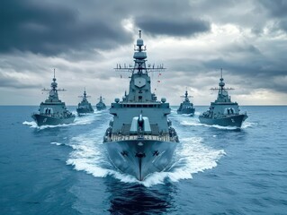 Obraz premium A formation of naval warships sailing through the ocean under cloudy skies, showcasing military strength and coordination