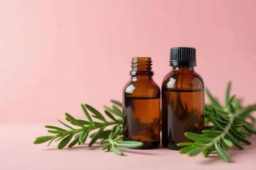 Amber bottles of essential oil with fresh rosemary sprigs on a soft pink background