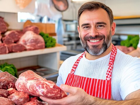 A friendly butcher smiling as he hands a customer