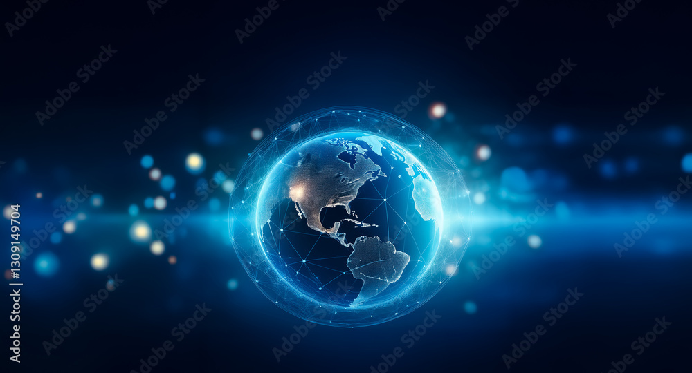 Aufkleber digital globe of earth with glowing blue outlines, focused on the americas, surrounded by bokeh ligh