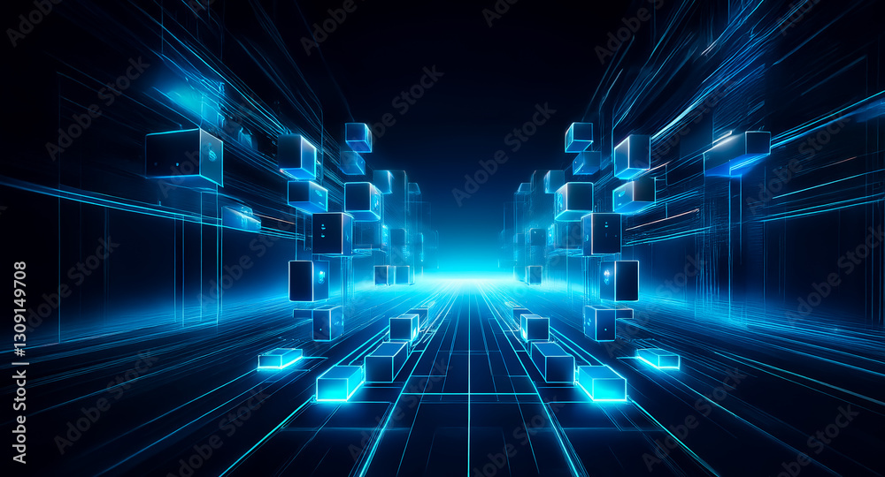Aufkleber glowing blue cubes and lines create a futuristic perspective on a dark backdrop. abstract, technolog