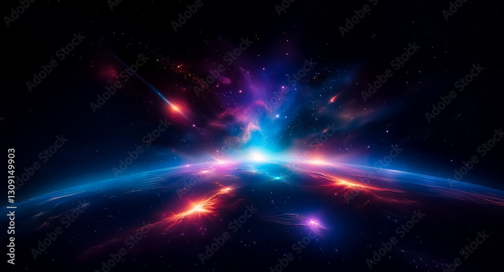 Poster vibrant cosmic explosion in deep space. a burst of light and colors illuminates the darkness with ne