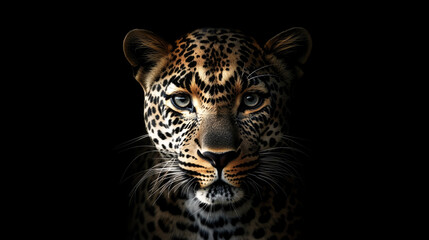 Obraz premium Stunning close-up of leopard face against black background with intense gaze