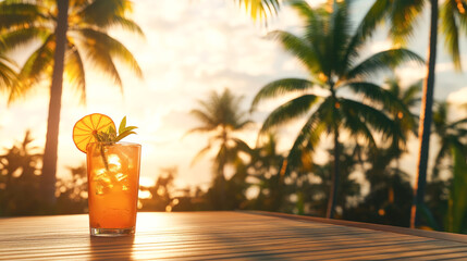 Obraz premium Refreshing tropical cocktail at sunset with palm trees