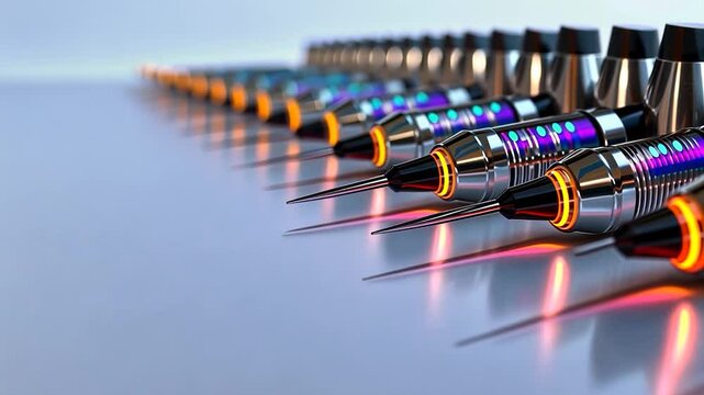 A row of sleek tattoo machines lined up on a smooth surface, illuminated with colorful lights
