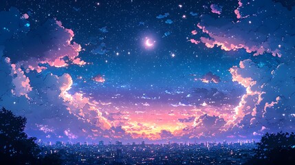 A beautiful night sky with stars clouds and cityscape present