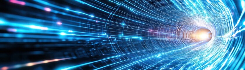 A futuristic, glowing tunnel made of light lines, leading into an unknown space