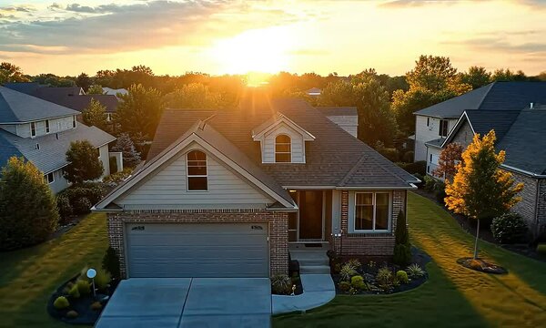 A Drone Showcases Stunning Aerial Footage of a Suburban Home at Sunset, Elevating Modern Real Estate and Outdoor Photography.