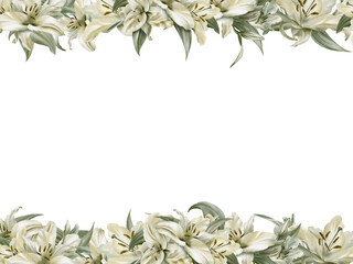 Template of double border of white lilies in digital watercolor clipart as a symbol of purity and innocence.Decoration for sites,wedding,Communion,christening,decoration of religious printed products