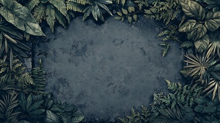 Dark Green Tropical Leaves Frame on Textured Dark Background