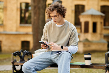 Obraz premium Stylish young man sits on a bench enjoying the outdoors while using his smartphone