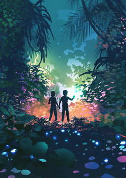 Fototapeta Two children stand in a mystical forest at night, surrounded by glowing plants and colorful light, gazing at a mysterious portal, digital art style, illustration painting