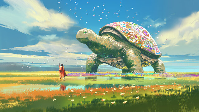 Fototapeta A traveler walks across a vibrant landscape, approaching a massive turtle with a beautifully decorated shell, evoking a sense of wonder and adventure, digital art style, illustration painting
