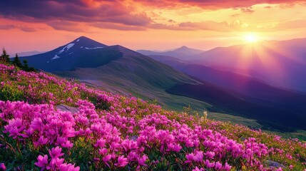 Blooming pink flowers in a vibrant landscape during sunset with mountains in the background and colorful sky Copy Space 