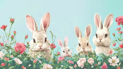 A watercolor painting of four bunnies in a garden with pink roses.