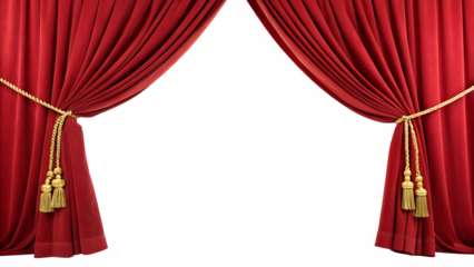 Classic red theater curtains with gold rope tiebacks, partially opened to a white or transparent background, perfect for dramatic and artistic concepts.