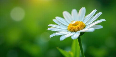 A pristine white daisy, glistening with morning dew, stands tall against a vibrant green backdrop, a symbol of nature's gentle beauty and resilience.
